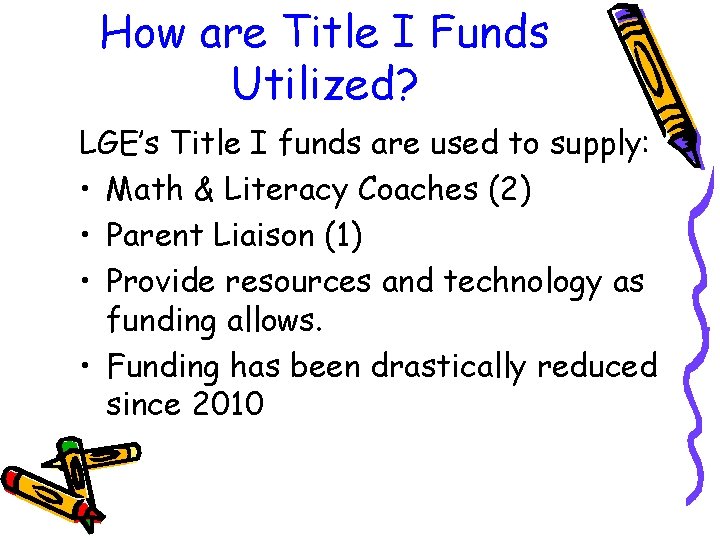 How are Title I Funds Utilized? LGE’s Title I funds are used to supply: