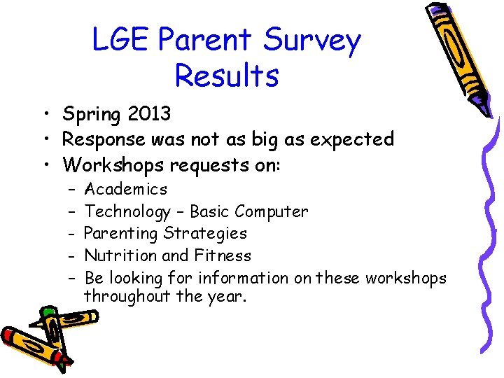 LGE Parent Survey Results • Spring 2013 • Response was not as big as