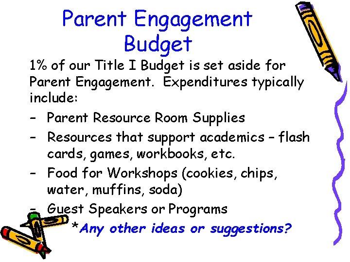 Parent Engagement Budget 1% of our Title I Budget is set aside for Parent