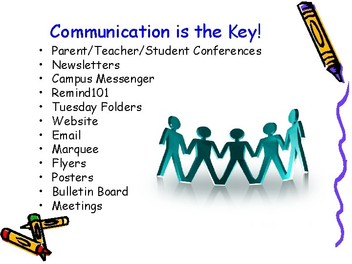  • • • Communication is the Key! Parent/Teacher/Student Conferences Newsletters Campus Messenger Remind