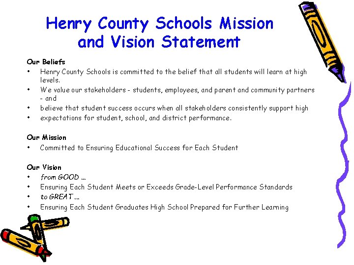 Henry County Schools Mission and Vision Statement Our Beliefs • Henry County Schools is