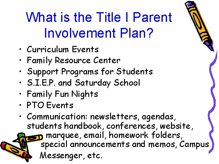 What is the Title I Parent Involvement Plan? • • Curriculum Events Family Resource