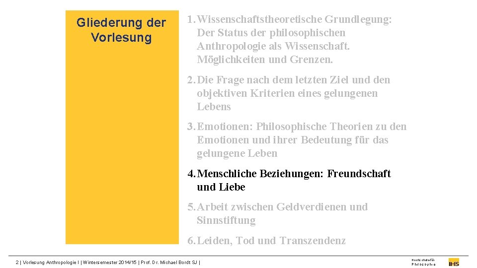 Gliederung der Vorlesung 1. Wissenschaftstheoretische Grundlegung: Der Status der philosophischen Anthropologie als Wissenschaft. Möglichkeiten