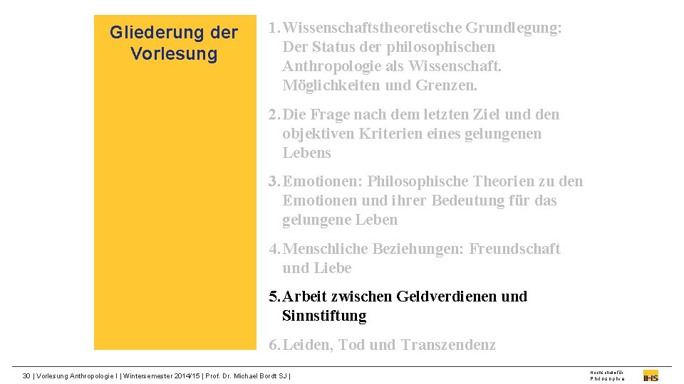 Gliederung der Vorlesung 1. Wissenschaftstheoretische Grundlegung: Der Status der philosophischen Anthropologie als Wissenschaft. Möglichkeiten