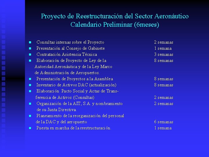 Proyecto de Reestructuración del Sector Aeronáutico Calendario Preliminar (6 meses) n n n n