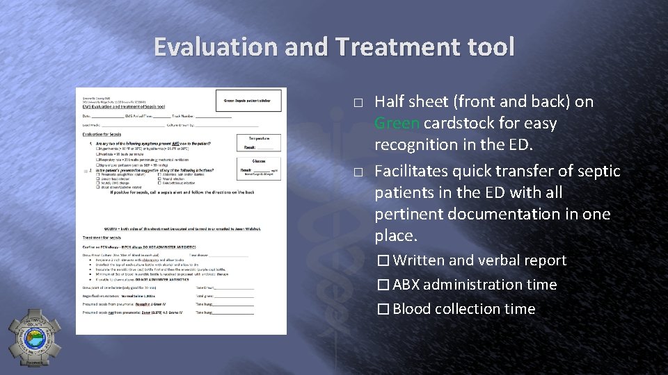 Evaluation and Treatment tool � � Half sheet (front and back) on Green cardstock