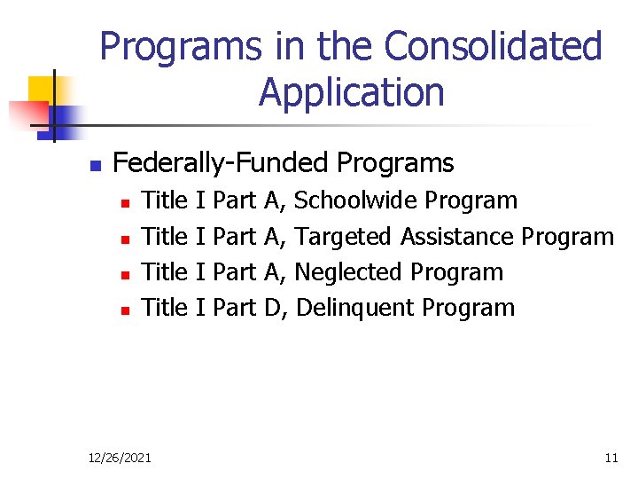 Programs in the Consolidated Application n Federally-Funded Programs n n Title 12/26/2021 I I