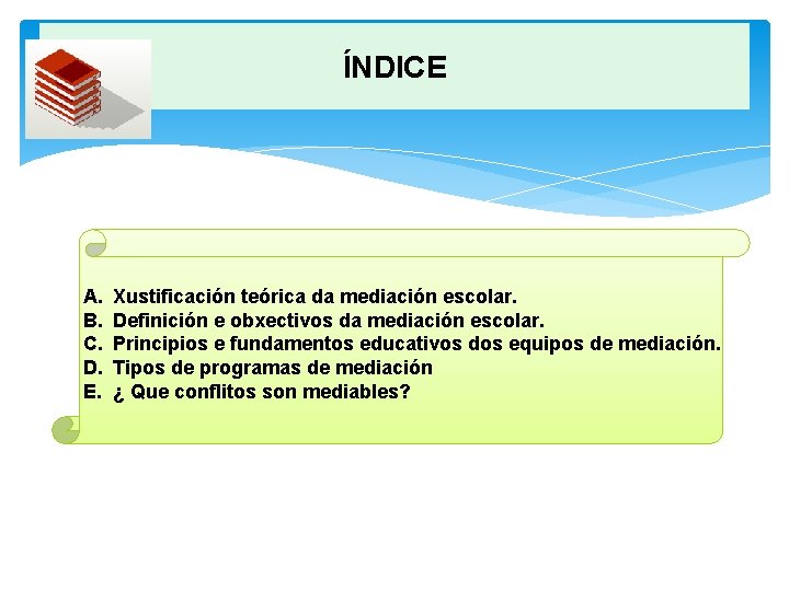 ÍNDICE A. B. C. D. E. Xustificación teórica da mediación escolar. Definición e obxectivos