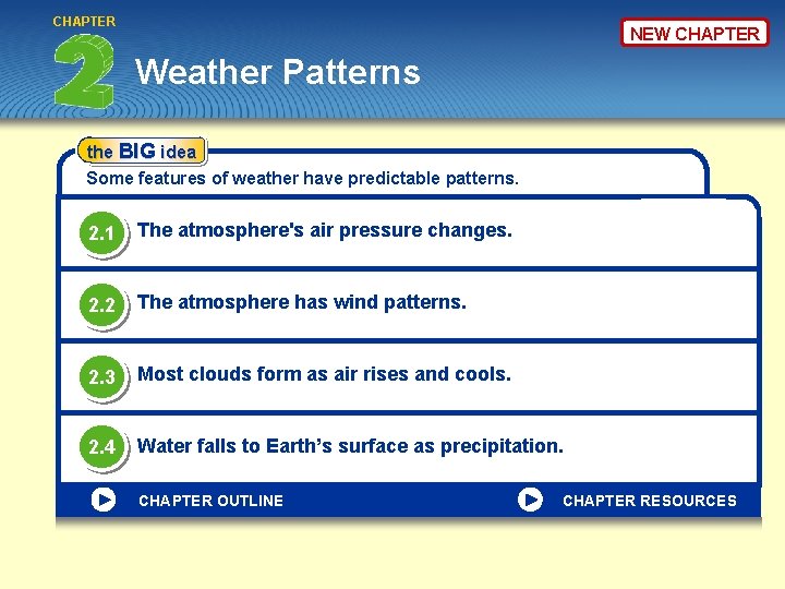 CHAPTER NEW CHAPTER Weather Patterns the BIG idea Some features of weather have predictable