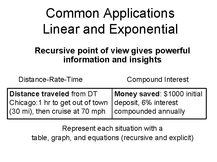 Common Applications Linear and Exponential Recursive point of view gives powerful information and insights