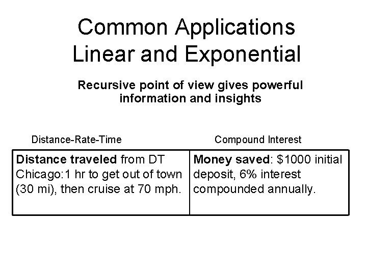 Common Applications Linear and Exponential Recursive point of view gives powerful information and insights