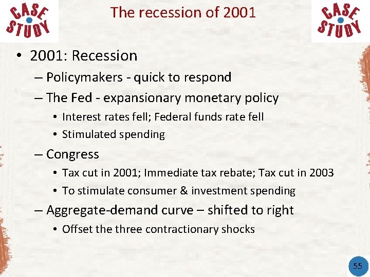 The recession of 2001 • 2001: Recession – Policymakers - quick to respond –