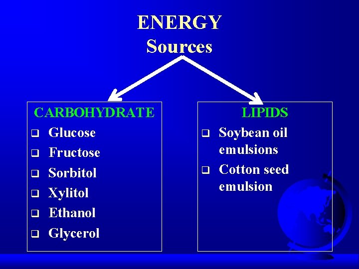 ENERGY Sources CARBOHYDRATE q Glucose q Fructose q Sorbitol q Xylitol q Ethanol q