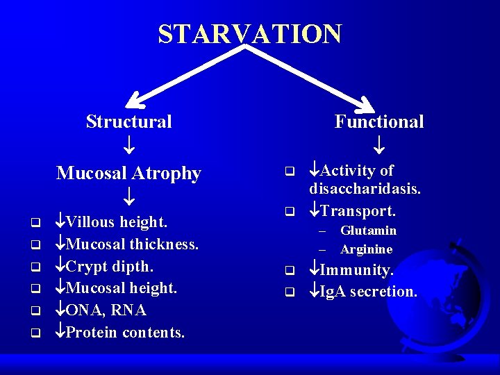 STARVATION Structural Mucosal Atrophy q q q Villous height. Mucosal thickness. Crypt dipth. Mucosal