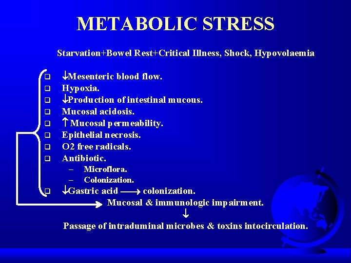 METABOLIC STRESS Starvation+Bowel Rest+Critical Illness, Shock, Hypovolaemia q q q q Mesenteric blood flow.