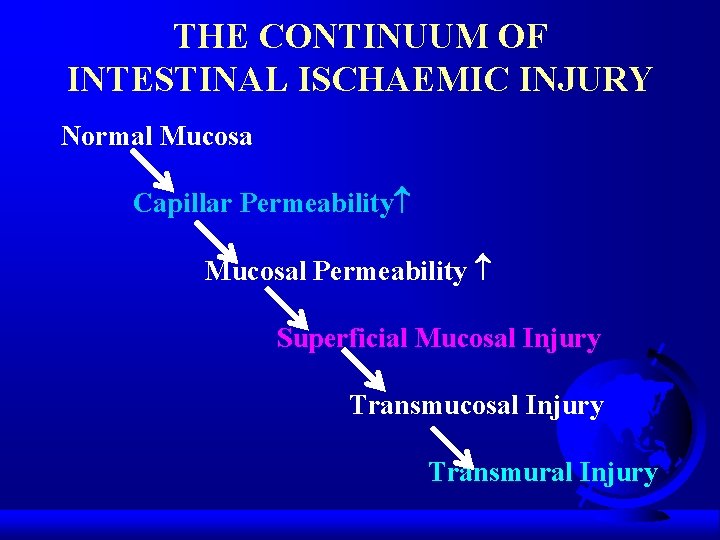 THE CONTINUUM OF INTESTINAL ISCHAEMIC INJURY Normal Mucosa Capillar Permeability Mucosal Permeability Superficial Mucosal