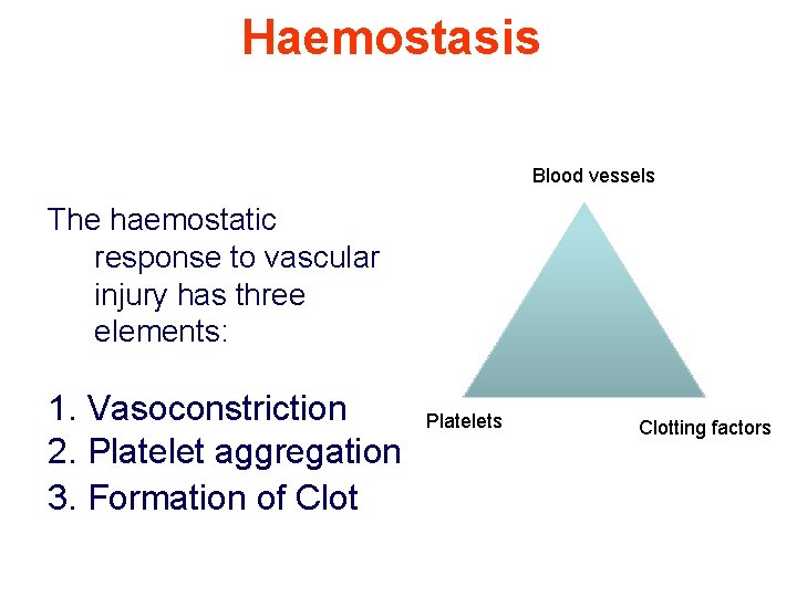 Haemostasis Blood vessels The haemostatic response to vascular injury has three elements: 1. Vasoconstriction