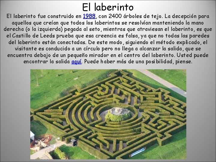 El laberinto fue construido en 1988, con 2400 árboles de tejo. La decepción para