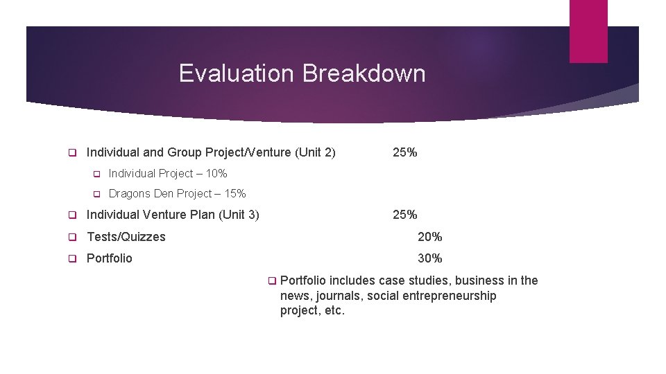 Evaluation Breakdown q Individual and Group Project/Venture (Unit 2) q Individual Project – 10%
