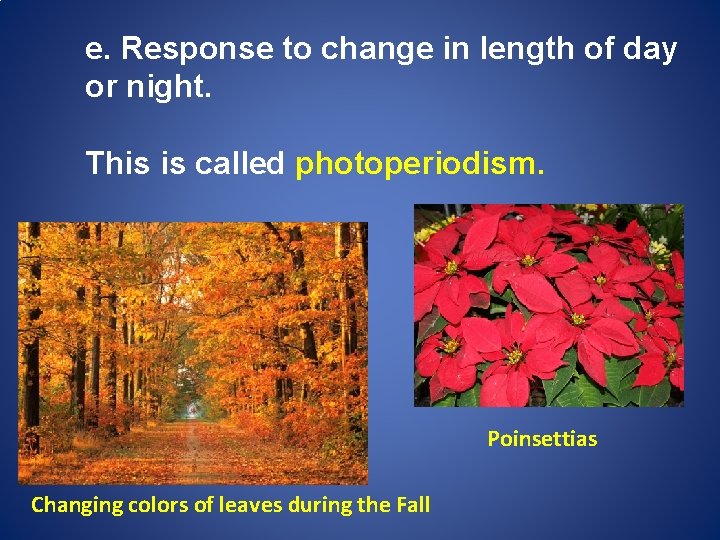 e. Response to change in length of day or night. This is called photoperiodism.