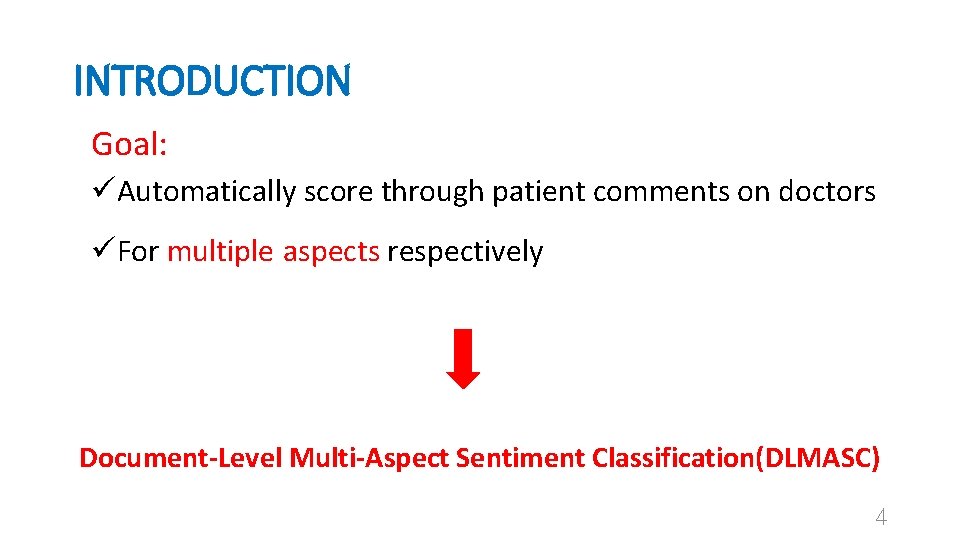 INTRODUCTION Goal: üAutomatically score through patient comments on doctors üFor multiple aspects respectively Document-Level