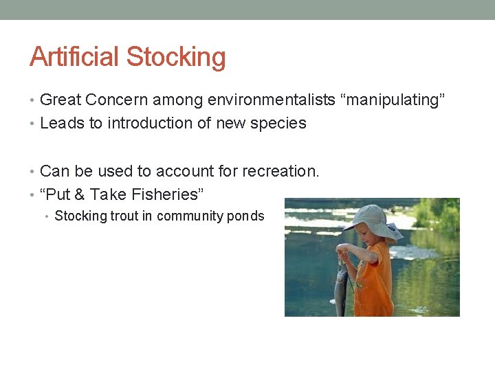 Artificial Stocking • Great Concern among environmentalists “manipulating” • Leads to introduction of new