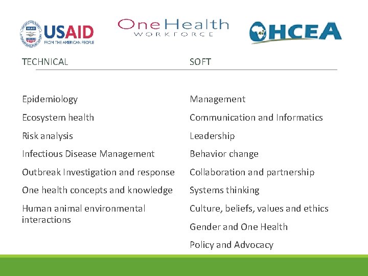 TECHNICAL SOFT Epidemiology Management Ecosystem health Communication and Informatics Risk analysis Leadership Infectious Disease
