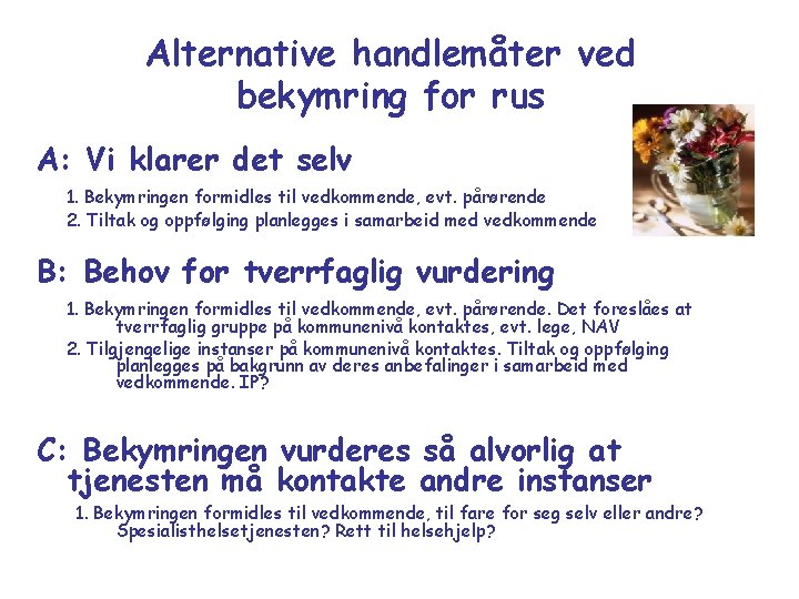 Alternative handlemåter ved bekymring for rus A: Vi klarer det selv 1. Bekymringen formidles