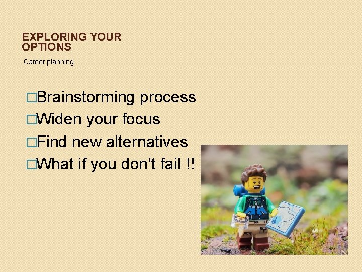 EXPLORING YOUR OPTIONS Career planning �Brainstorming process �Widen your focus �Find new alternatives �What