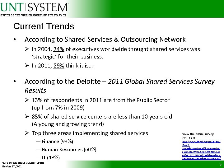 OFFICE OF THE VICE CHANCELLOR FINANCE Current Trends • According to Shared Services &
