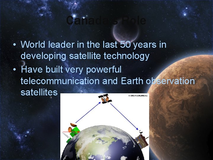 Canada’s Role • World leader in the last 50 years in developing satellite technology