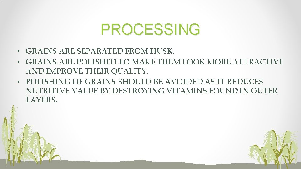 PROCESSING • GRAINS ARE SEPARATED FROM HUSK. • GRAINS ARE POLISHED TO MAKE THEM