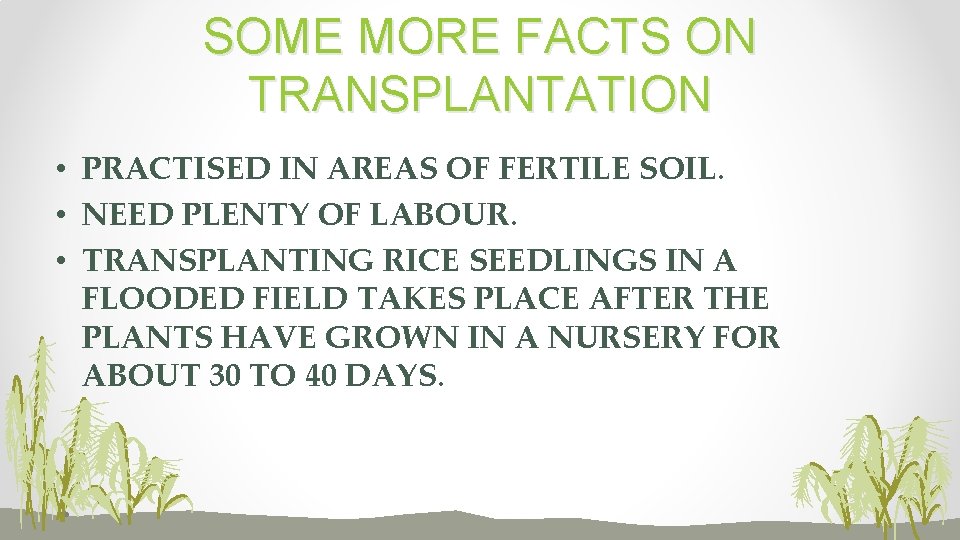 SOME MORE FACTS ON TRANSPLANTATION • PRACTISED IN AREAS OF FERTILE SOIL. • NEED