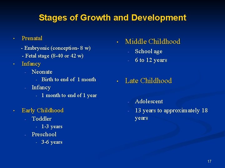 Stages of Growth and Development • Prenatal - Embryonic (conception- 8 w) - Fetal