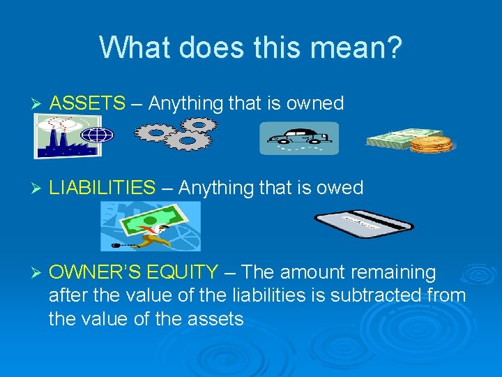 What does this mean? Ø ASSETS – Anything that is owned Ø LIABILITIES –