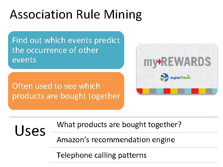 Association Rule Mining Find out which events predict the occurrence of other events Often