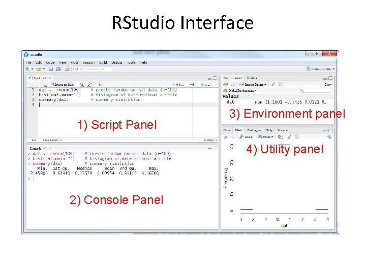 RStudio Interface 1) Script Panel 3) Environment panel 4) Utility panel 2) Console Panel