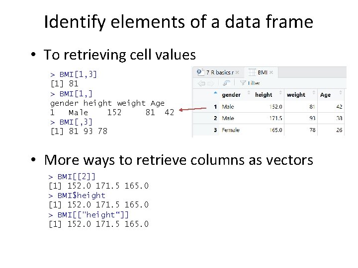Identify elements of a data frame • To retrieving cell values > BMI[1, 3]