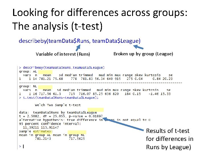 Looking for differences across groups: The analysis (t-test) describeby(team. Data$Runs, team. Data$League) Variable of