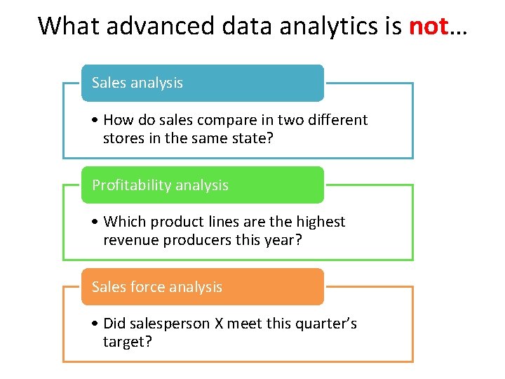 What advanced data analytics is not… Sales analysis • How do sales compare in
