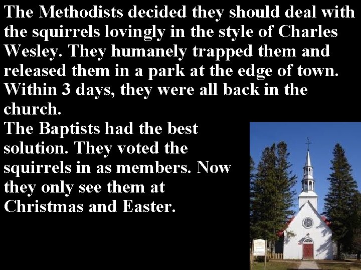 The Methodists decided they should deal with the squirrels lovingly in the style of The Methodists decided they should deal with the squirrels lovingly in the style of