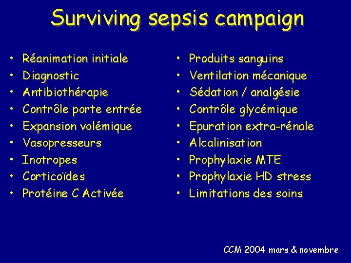 Surviving sepsis campaign • • • Réanimation initiale Diagnostic Antibiothérapie Contrôle porte entrée Expansion