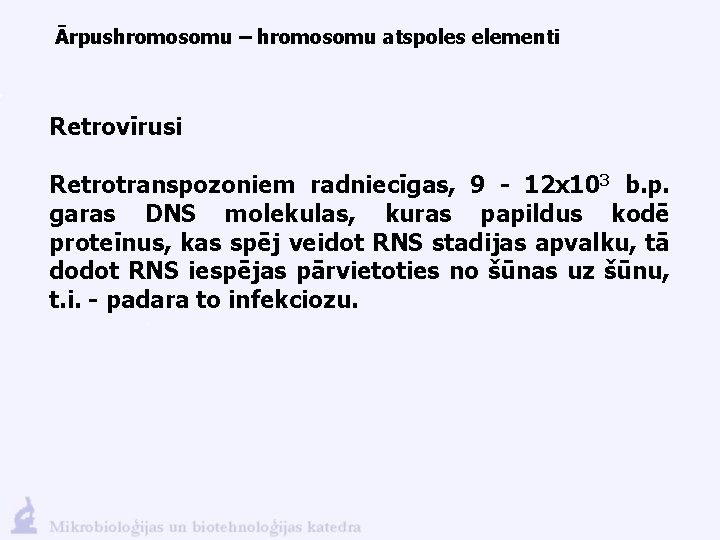 Ārpushromosomu – hromosomu atspoles elementi Retrovīrusi Retrotranspozoniem radniecīgas, 9 - 12 x 103 b.