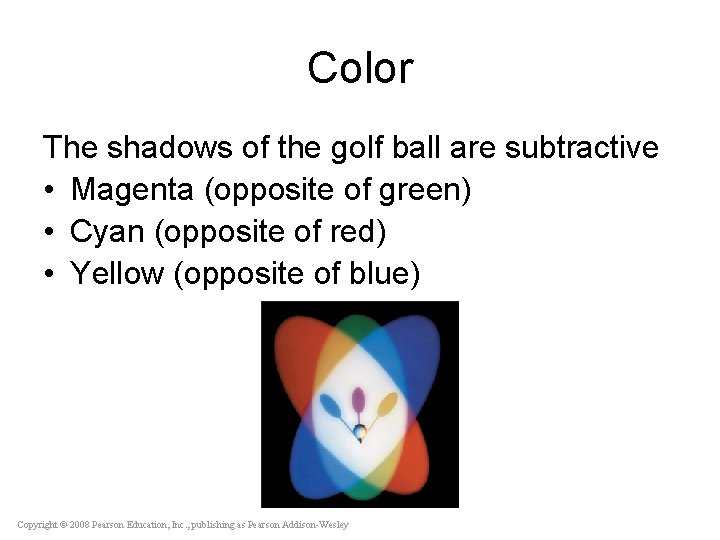 Color The shadows of the golf ball are subtractive • Magenta (opposite of green)