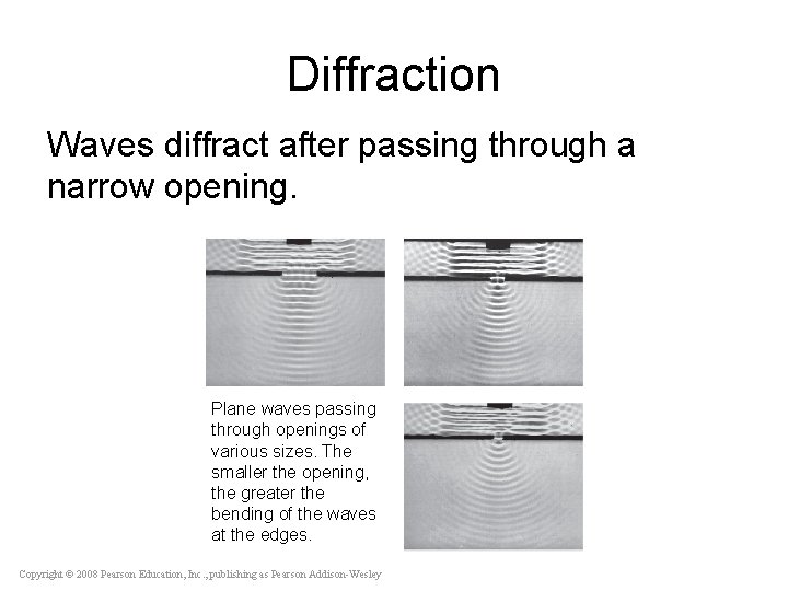 Diffraction Waves diffract after passing through a narrow opening. Plane waves passing through openings