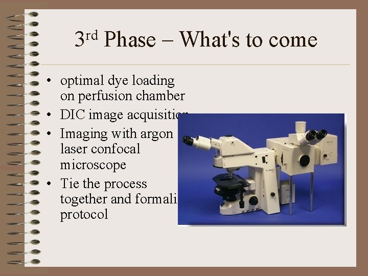 3 rd Phase – What's to come • optimal dye loading on perfusion chamber