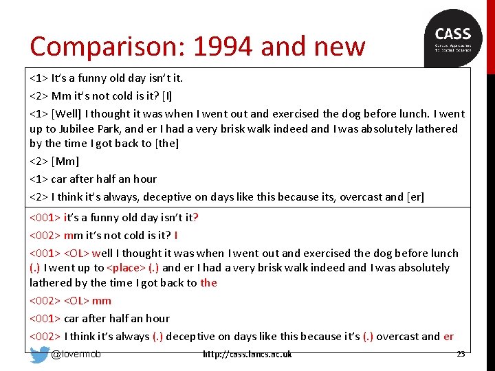Comparison: 1994 and new <1> It’s a funny old day isn’t it. <2> Mm