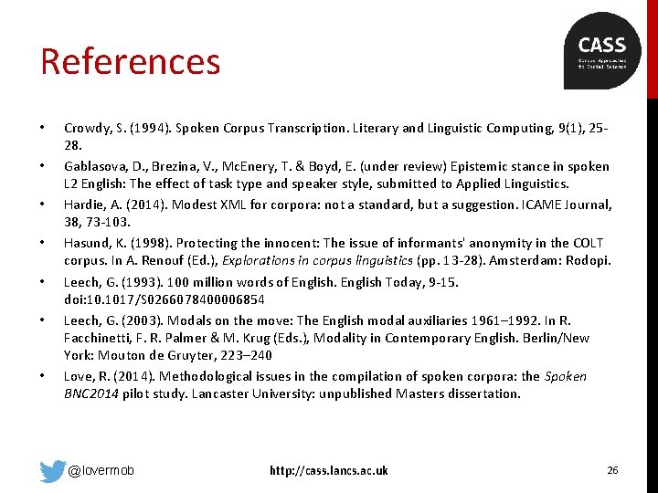 References • • Crowdy, S. (1994). Spoken Corpus Transcription. Literary and Linguistic Computing, 9(1),