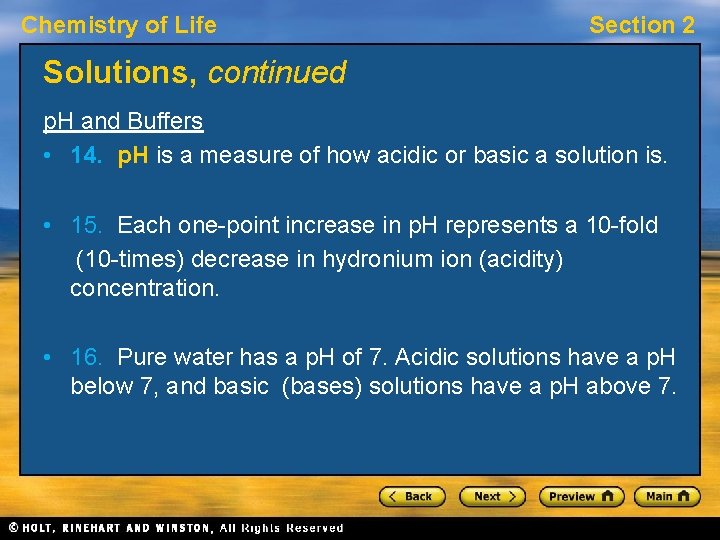 Chemistry of Life Section 2 Solutions, continued p. H and Buffers • 14. p.