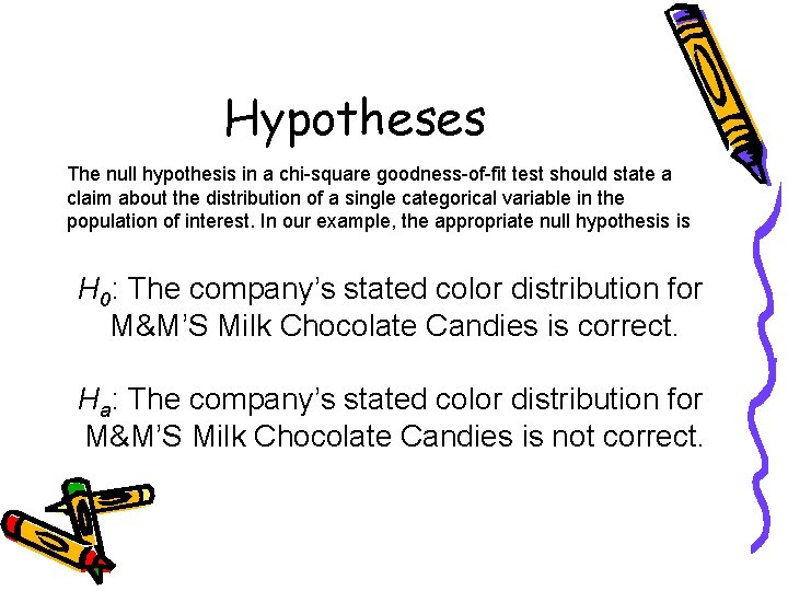 Hypotheses The null hypothesis in a chi-square goodness-of-fit test should state a claim about